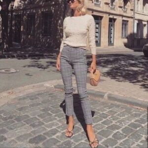 ZARA plaid high waisted zip front leggings pants black white medium